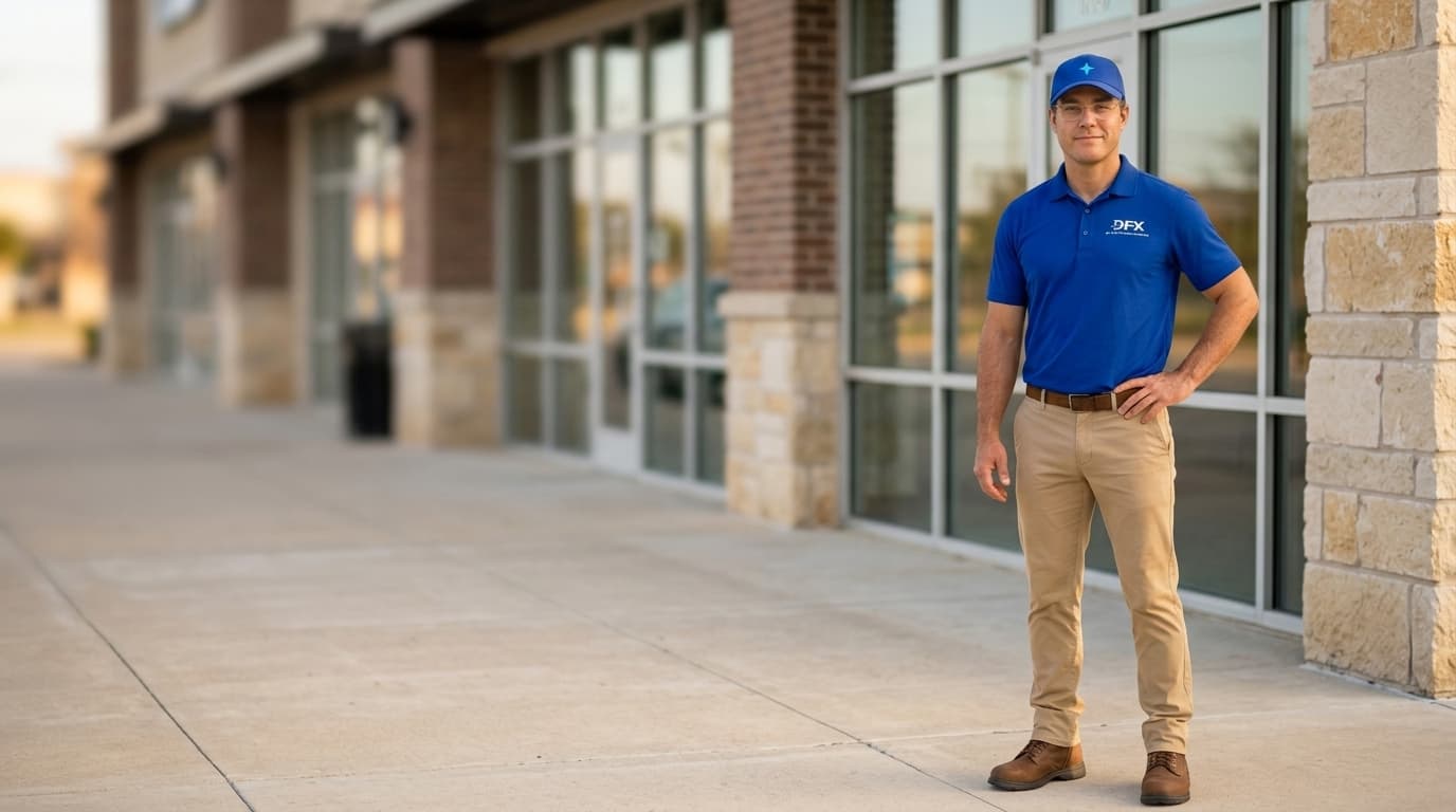 DFX Environmental technician standing in front of a Texas commercial property, ready to help