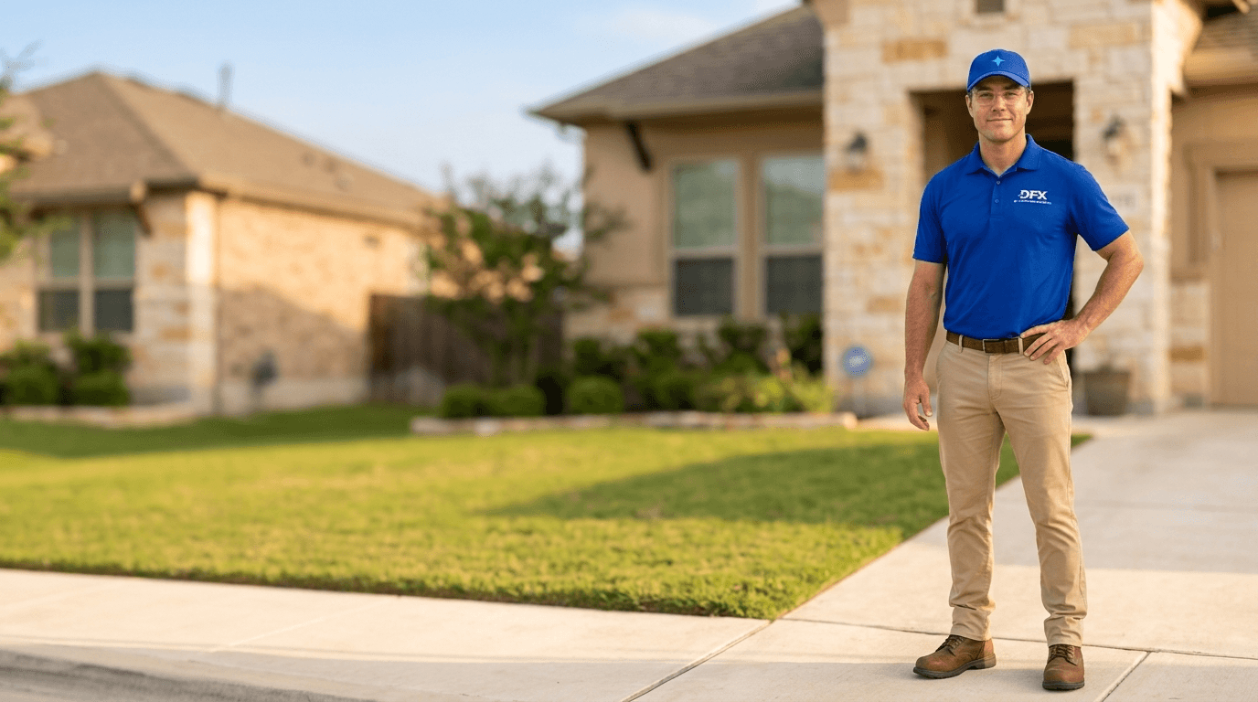 DFX Environmental technician standing in front of a Texas home, ready to help